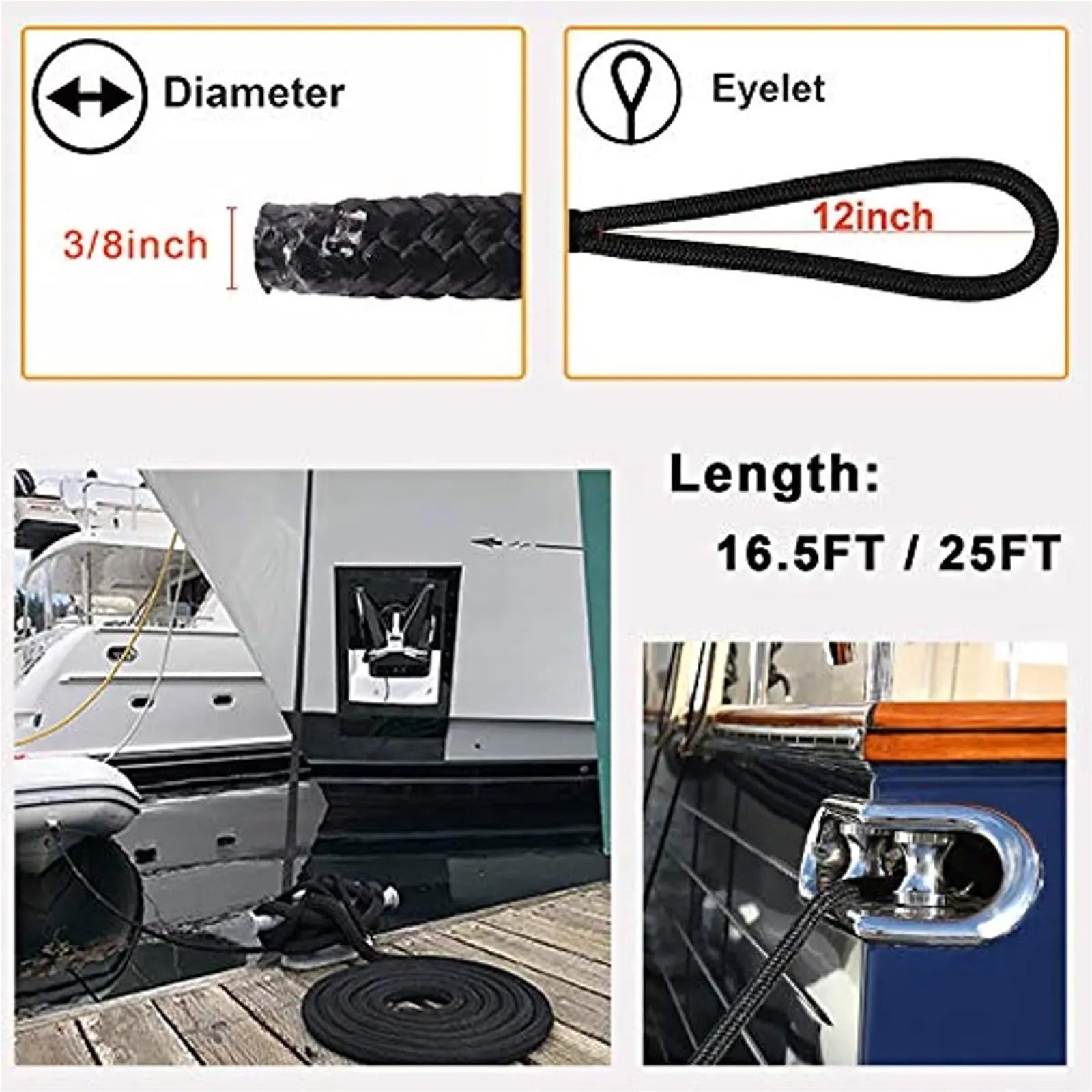 Amarres pour Bateaux Lot de 2 ou 4 Cordes d'amarrage Doubles tressées for Bateau, 3/8 1/2, Attaches for, Ligne Quai, Corde d'ancrage for à œillet 12 Pouces