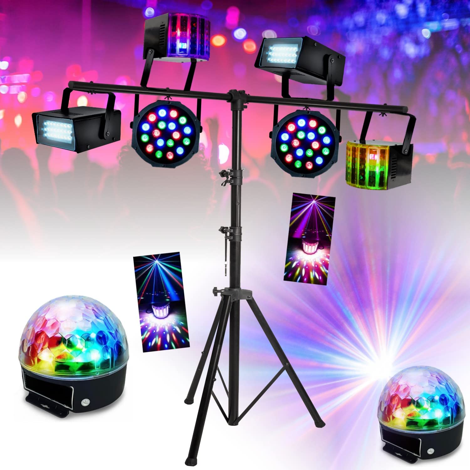 IBI - Ensemble de 8 jeux de lumière compacts et puissants + 1 portique acier robuste - idéal soirée dansante PA DJ SONO MIX LED
