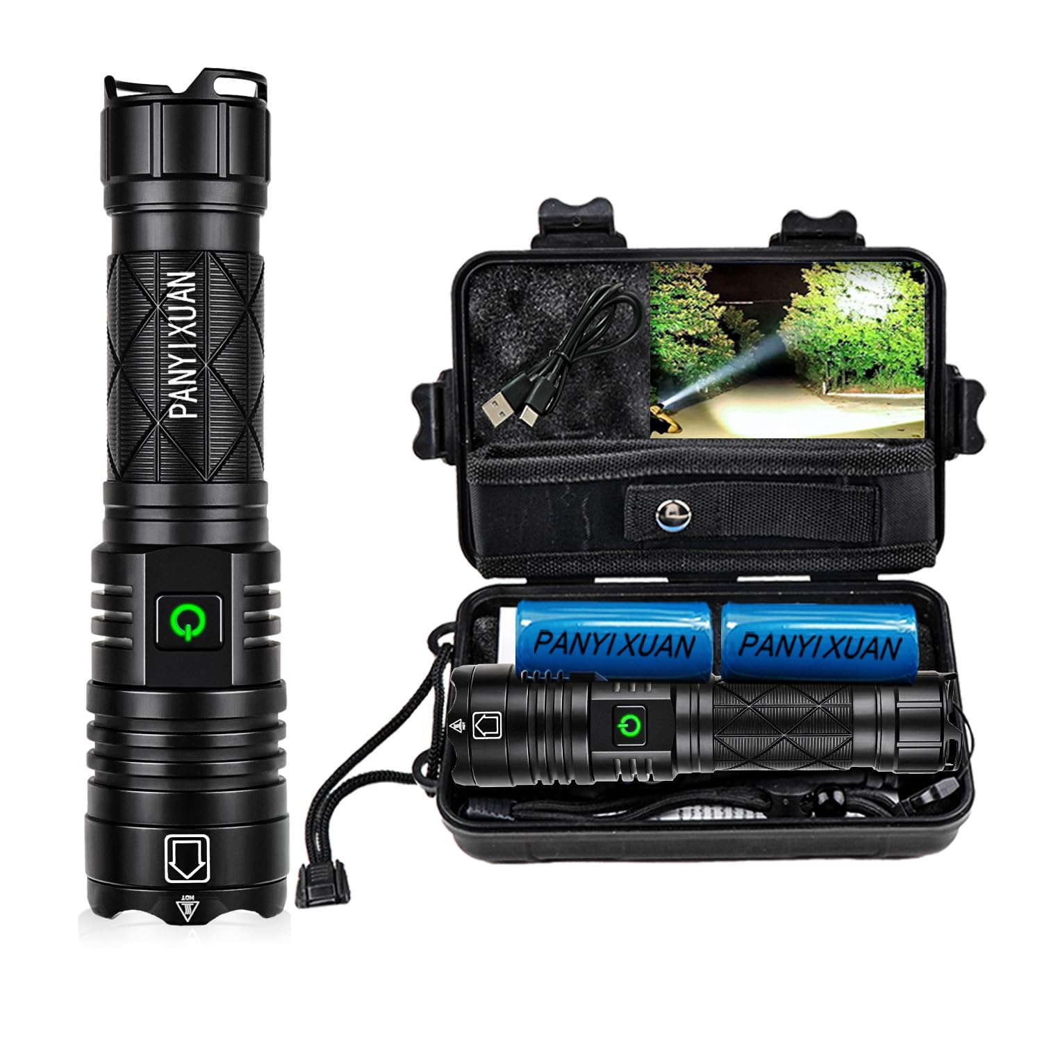 PANYIXUAN Torches LED Super Bright, Rechargeable LED Torch 120000Lumens XHP160, IP67 Waterproof Powerful Tactical Torch Battery Powered, 5 Modes, for Camping Emergency Adjustable Focus Flashlight [Energy Class A+++]