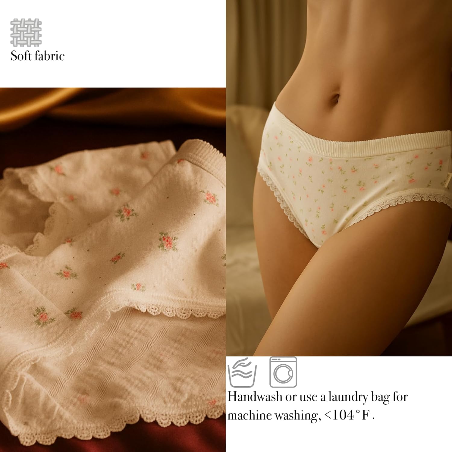 Womens Underwear for Women 5 Packs Panties Cute Cotton Kawaii Japanese-Style Bear Lace Cherry Flowers