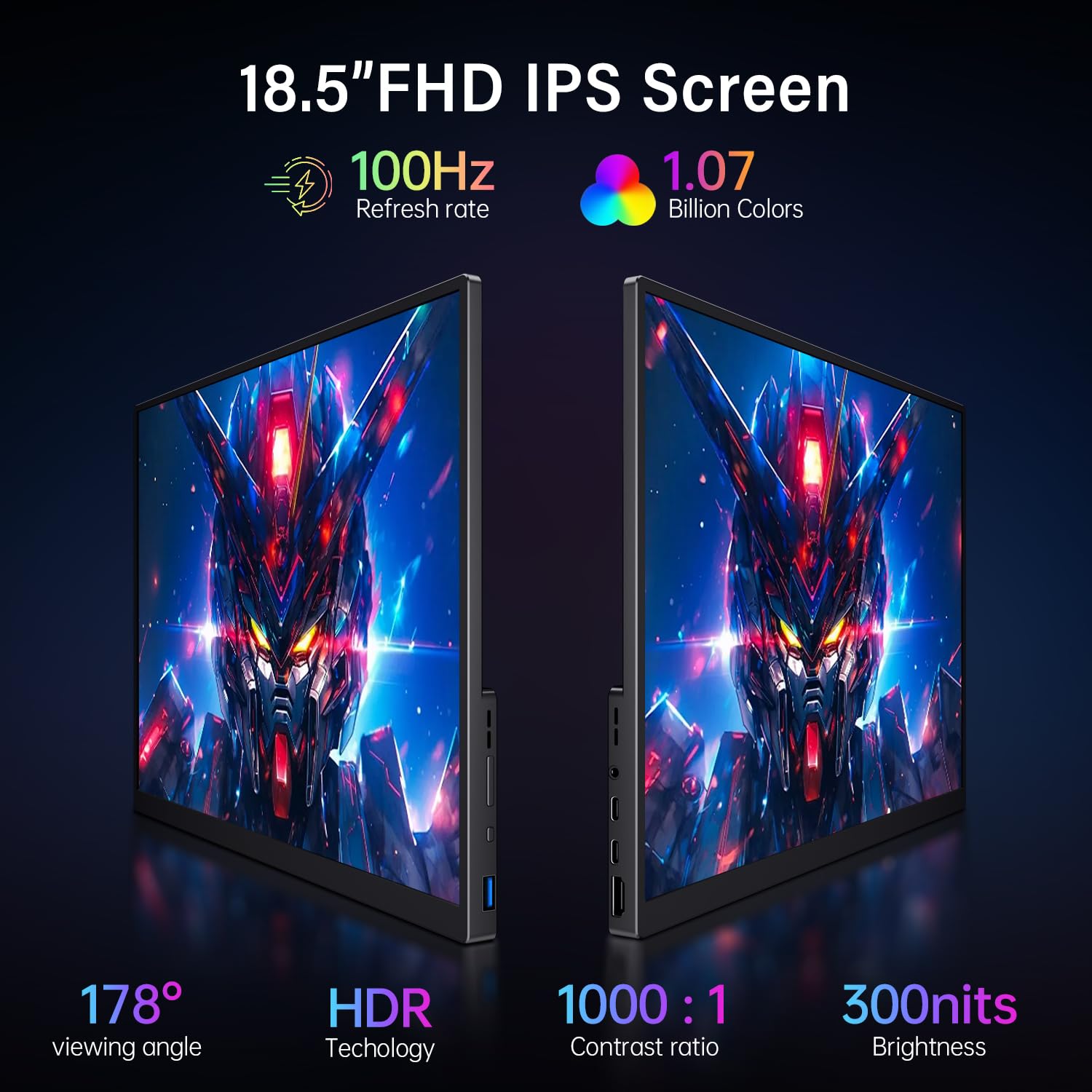 Monitor portátil 18.5" 100Hz FHD USB-C HDMI monitor de viaje con soporte integrado, VESA y altavoces, monitor de juegos portátil HDR para cuidado de los ojos
