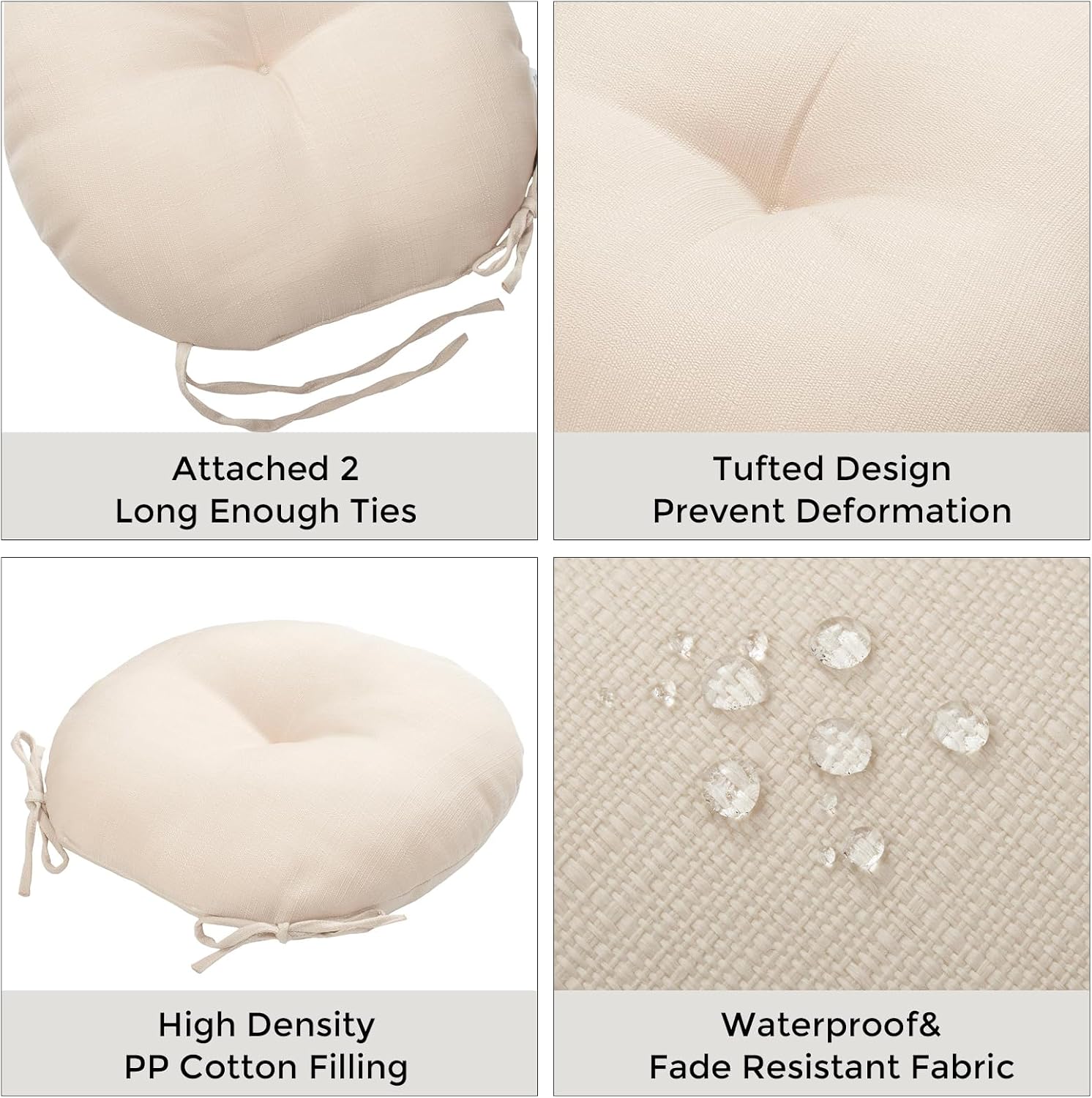 Bistro Chair Cushions 18 inch,Set of 2,Tufted Round Chair Cushions with Ties,18"x18"x4",Water Resistant Round Seat Cushion for Barstool Chairs,Patio Garden Kitchen Outdoor Furniture(Antique Beige)