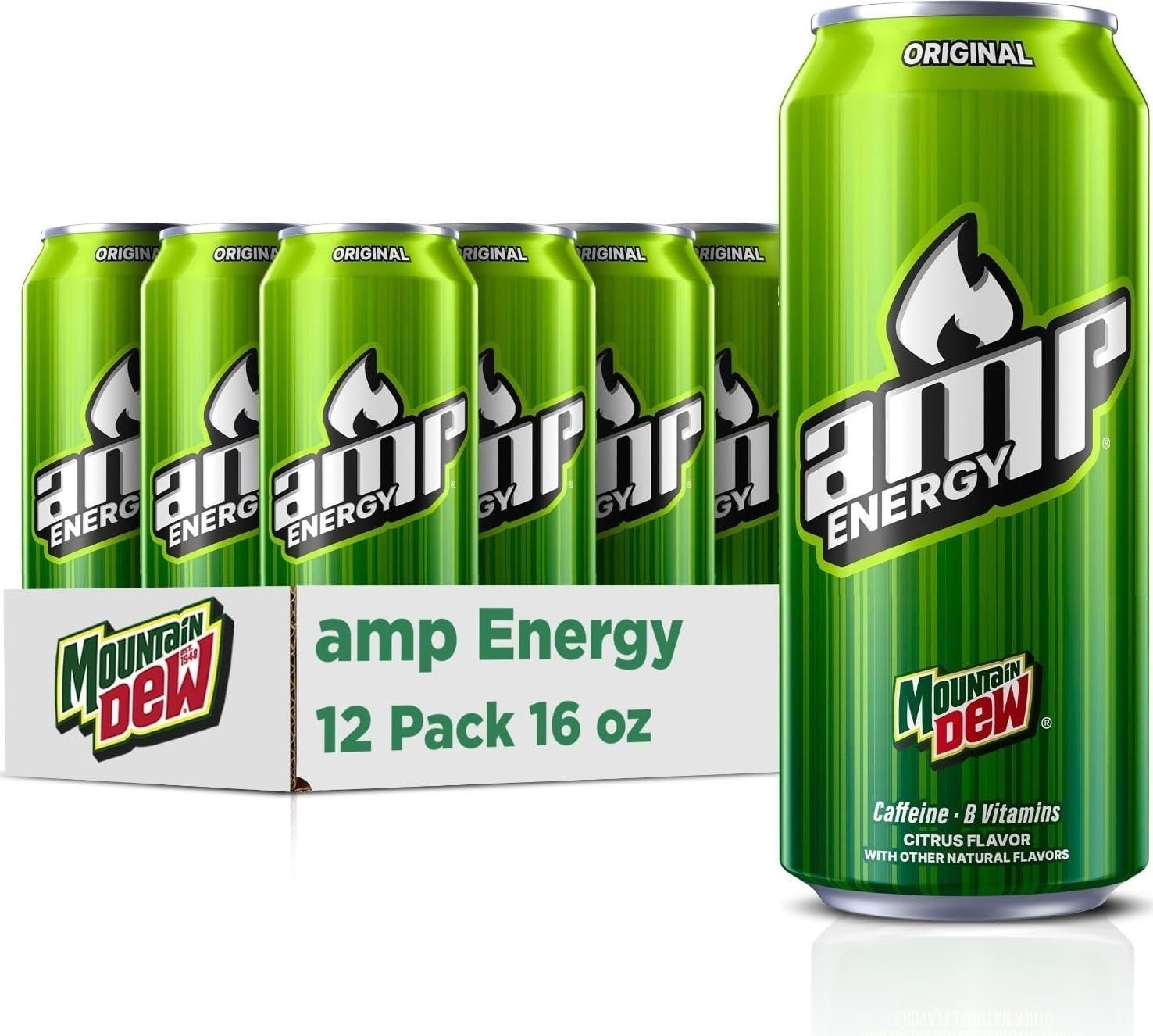 Mountain Dew AMP Energy Drink, Original, 16 fl oz cans (12 Pack)