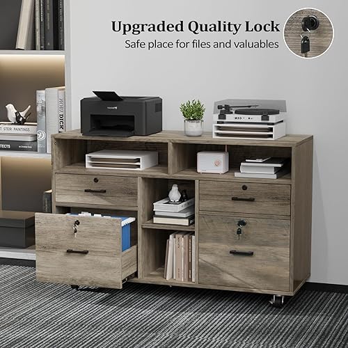 Miniatura 5 de VINGLI Archivador ancho de 4 cajones con cerradura, archivador lateral de madera con estantes abiertos, archivadores con cerradura para oficina en