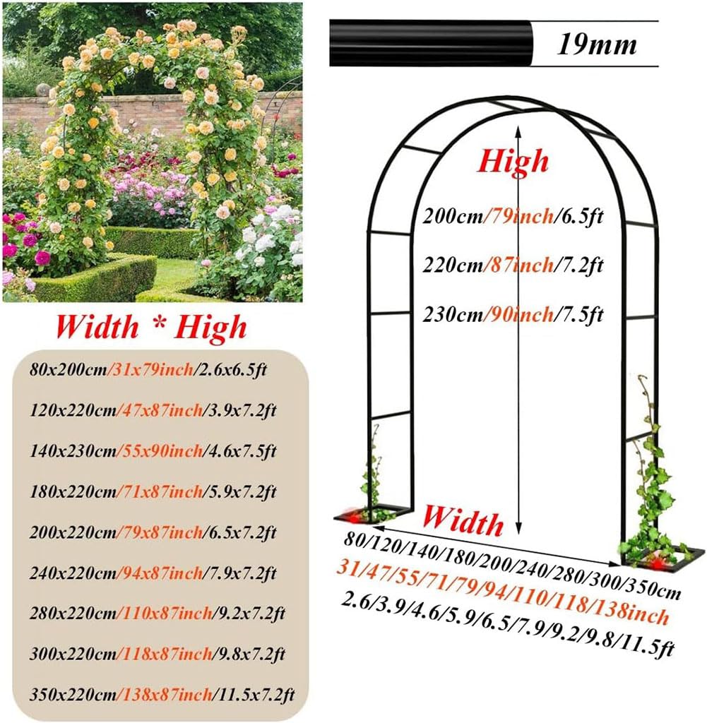 Arco Da Giardino Telaio in Metallo 120CM 140CM 180CM 240CM 350CM Largo Arco Per Rose Rampicanti Con Basi, Facile Montaggio, Piante Rampicanti Supporto Traliccio Pergolato,Nero,W1.2M*H2.2M