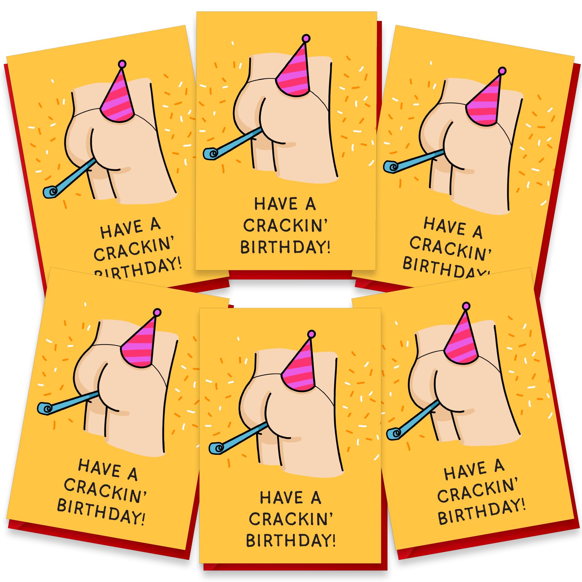 Funny Birthday Multipack Card Set - Pack of 6 - Humorouse Rude Cheeky 'Crackin Birthday' Designfor Men Women Colleague Friend - Luxury Multi-pack of Six Cards, Blank Inside with Premium Envelopes
