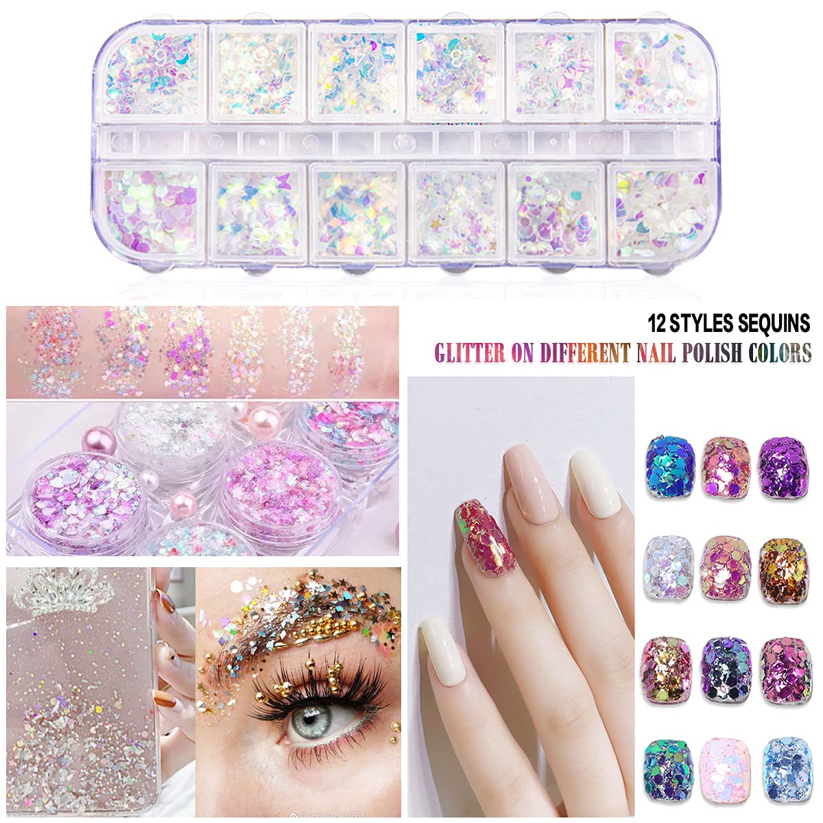 JOYJULY Nail Art Decoration Kit - 3 Boxes Nail Art Sequins Glitter Shapes 2 Boxes Nail Rhinestones with 2 Jars Chrome Nail Powder for Nail Art Supplies Accessories DIY Acrylic Nail Art/Craft/Makeup