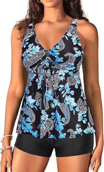 Holipick Two Piece Tankini Swimsuits for Women Tummy Control Bathing Suits Flowy Tankini Top with Boy Shorts