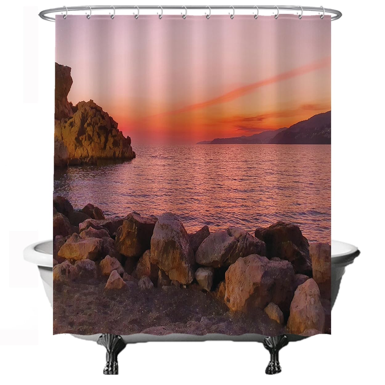 Ulticool, Shower Curtain, Sunset Sea Sand Beach Rocks Spain, 180 x 200 cm, Bathroom Curtain, Washable, Anti-mildew