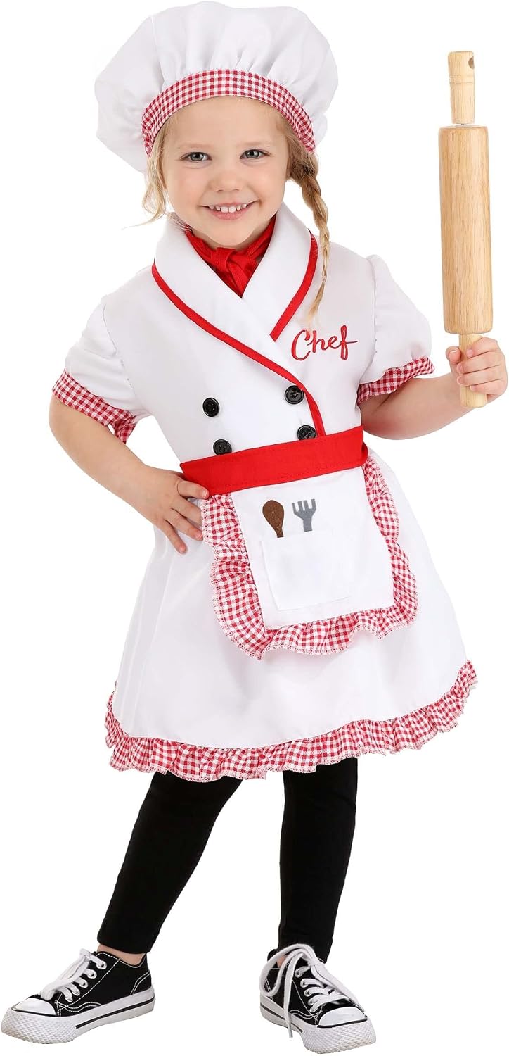 Toddler Fresh Chef Costume for Girls - Dress, Hat, Scarf & Apron with Gingham Trim