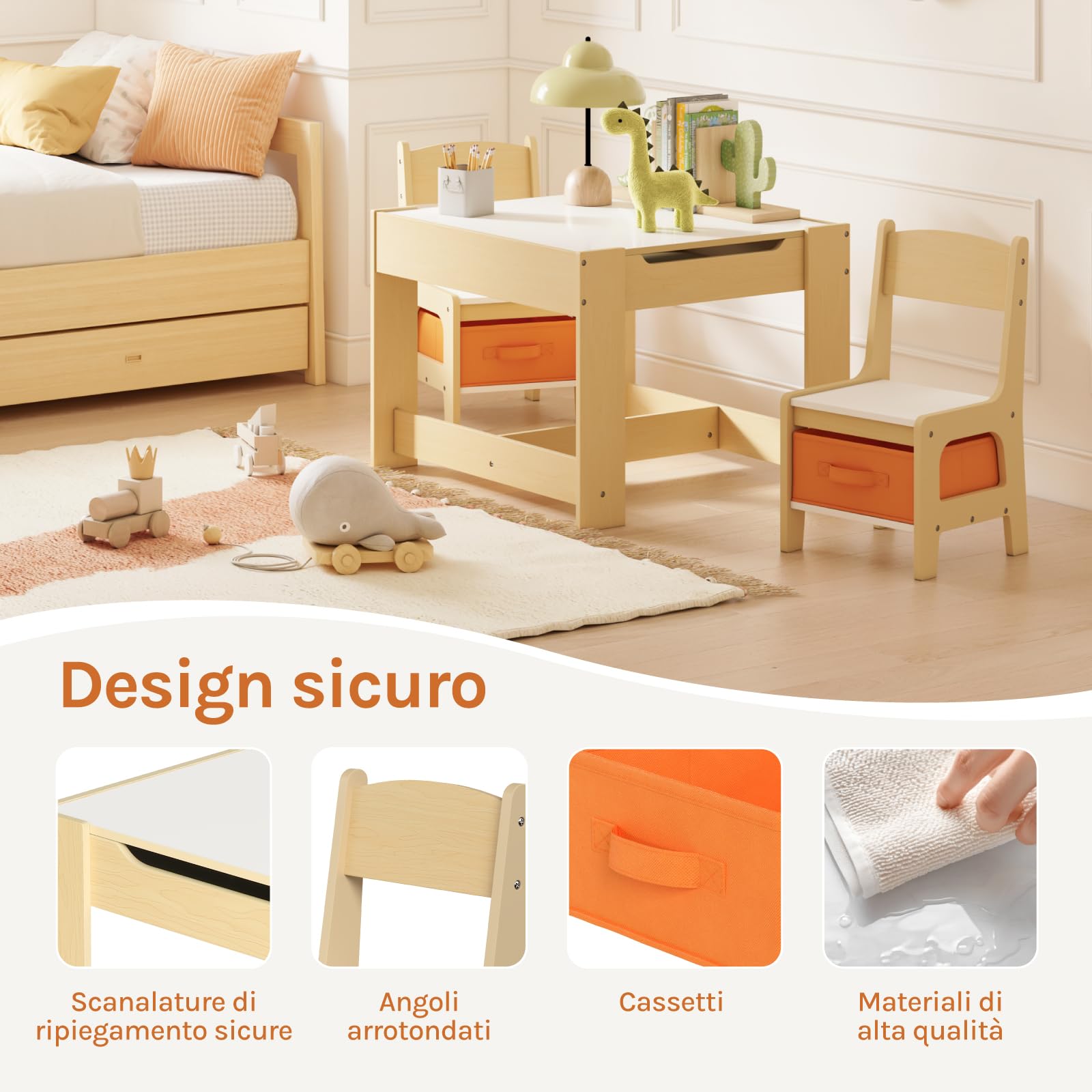 WOLTU Set Mobili con Lavagna Contenitore Tavolo e Sedie per Bambini Soggiorno Tavolino con 2 Sgabelli in Legno