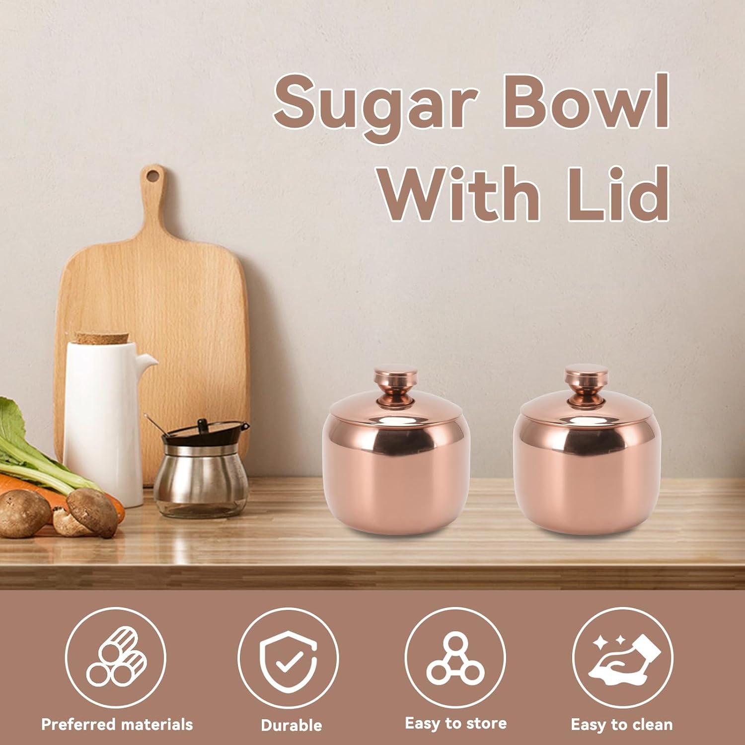 Cyrank Sugar Bowl, Stainless Steel Sugar Pot with Lid Coffee Seasoning Jar Condiment Pot Spice Container Canister Metal Cruet with Lid for Home Kitchen Restaurant (rose gold)