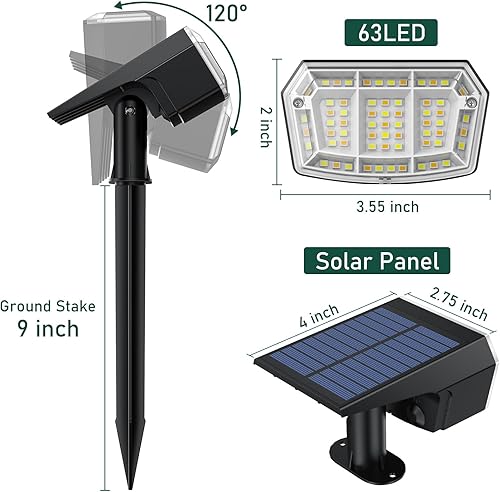 Miniatura 6 de Focos solares para exteriores, 63 LED, 5 modos cálidoblanco 2 en 1, IP65, impermeables, para exteriores, 50000 horas de vida útil, luces de jardín