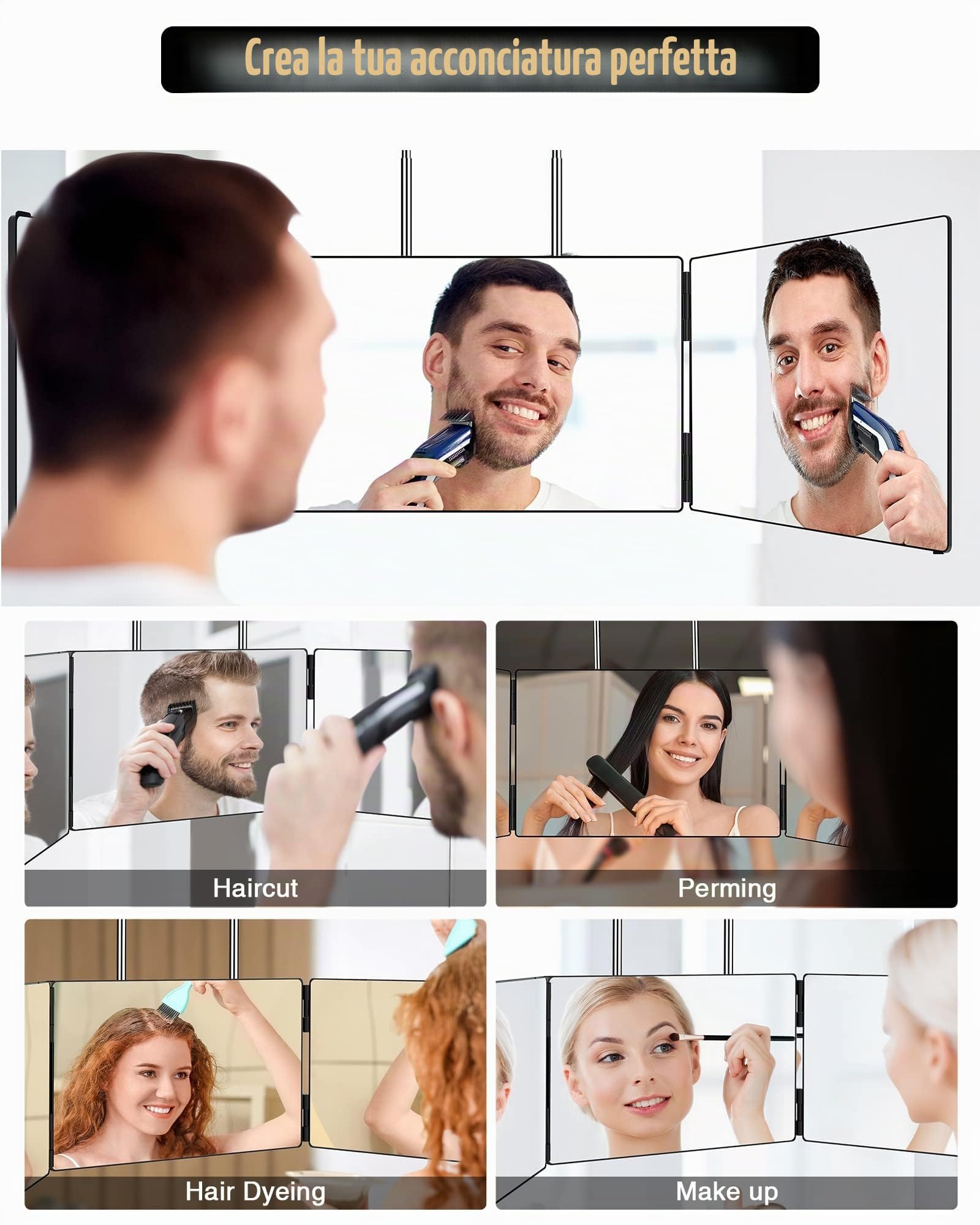 JUSRON Specchio pieghevole a 360 gradi da appendere, 3 pezzi, specchio per capelli, taglio automatico, specchio cosmetico regolabile in altezza, specchio da barba per trucco, rasatura, acconciatura