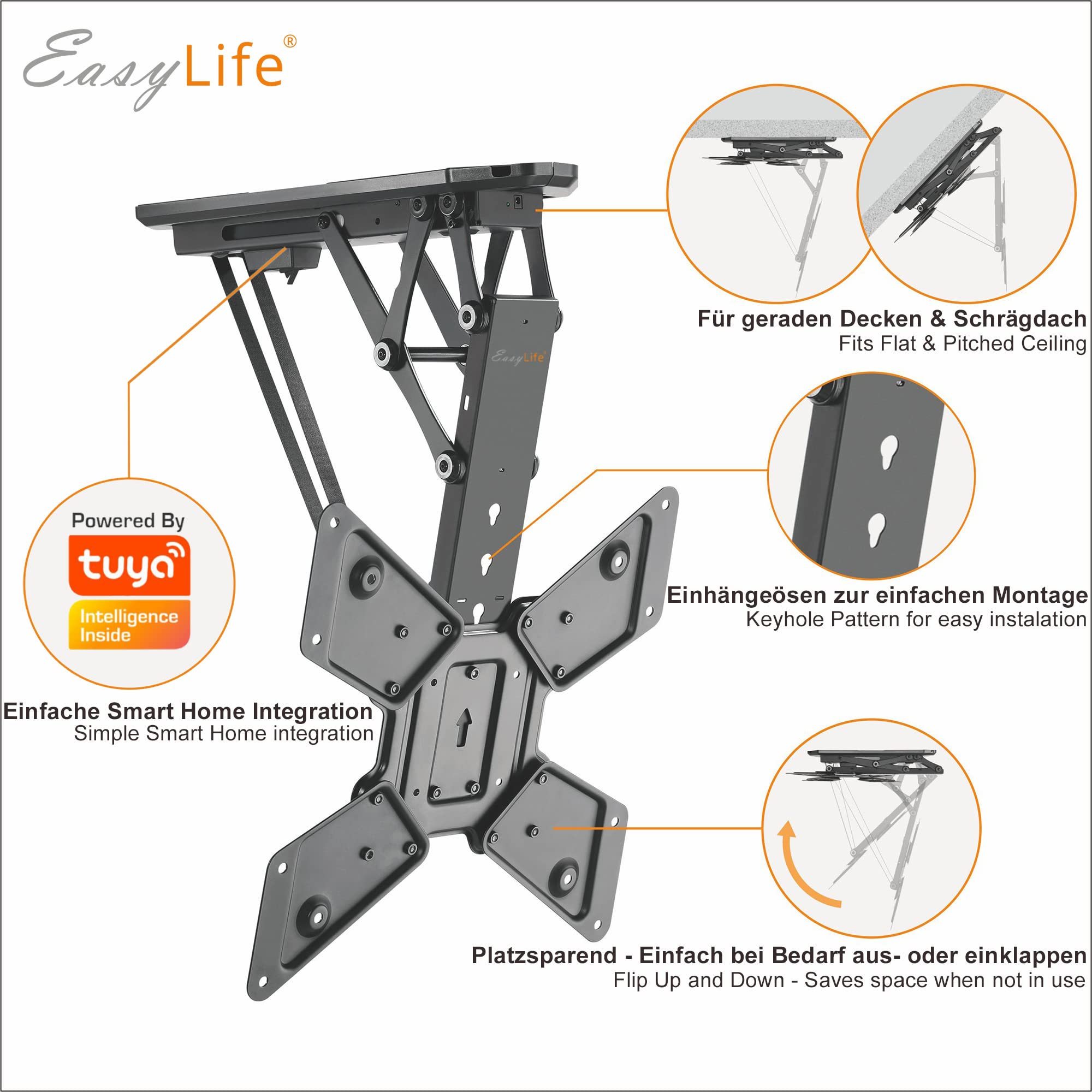 EasyLife Soporte de Techo para TV V2 con Eléctrico Y Giratorio, Integración Smart Home, de 37 A 75 Pulgadas, Soporte VESA hasta 600×400 para Televisores LCD/OLED, Monitores, Pantallas - Negro