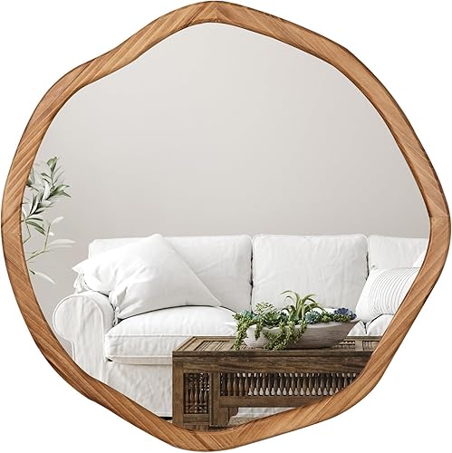 Miniatura 8 de ULIKE Espejo redondo de madera de 24 pulgadas, espejo de pared circular asimétrico con marco de madera, espejo decorativo para montar en la pared Un