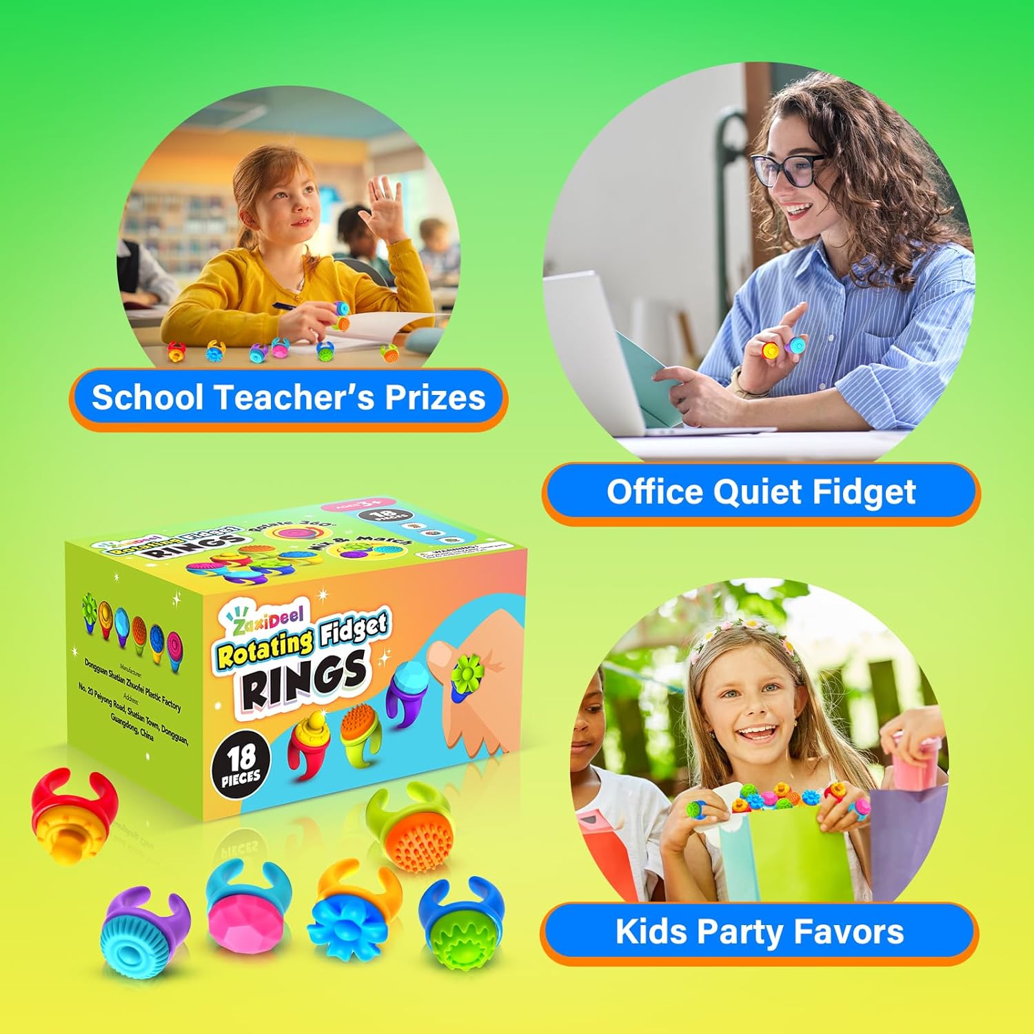 Fidget Rings Sensory Valentine Day Gift for Kids: 18 Pack Fidget Stress Spinner Rings- Autism Sensory Toy for Special Needs ADHD- Quiet Fidgets for Classroom Prizes Travel Toys