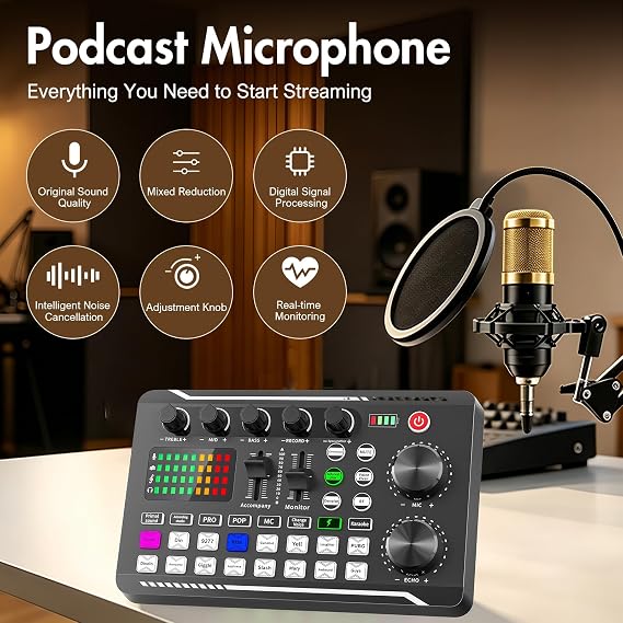 Podcast Equipment Bundle, F998 Audio Mixer with BM-800 Microphone | Professional Live Sound Card with Voice Changer, Podcast Equipment for Podcasting, Singing, Gaming, Streaming YouTube Tiktok