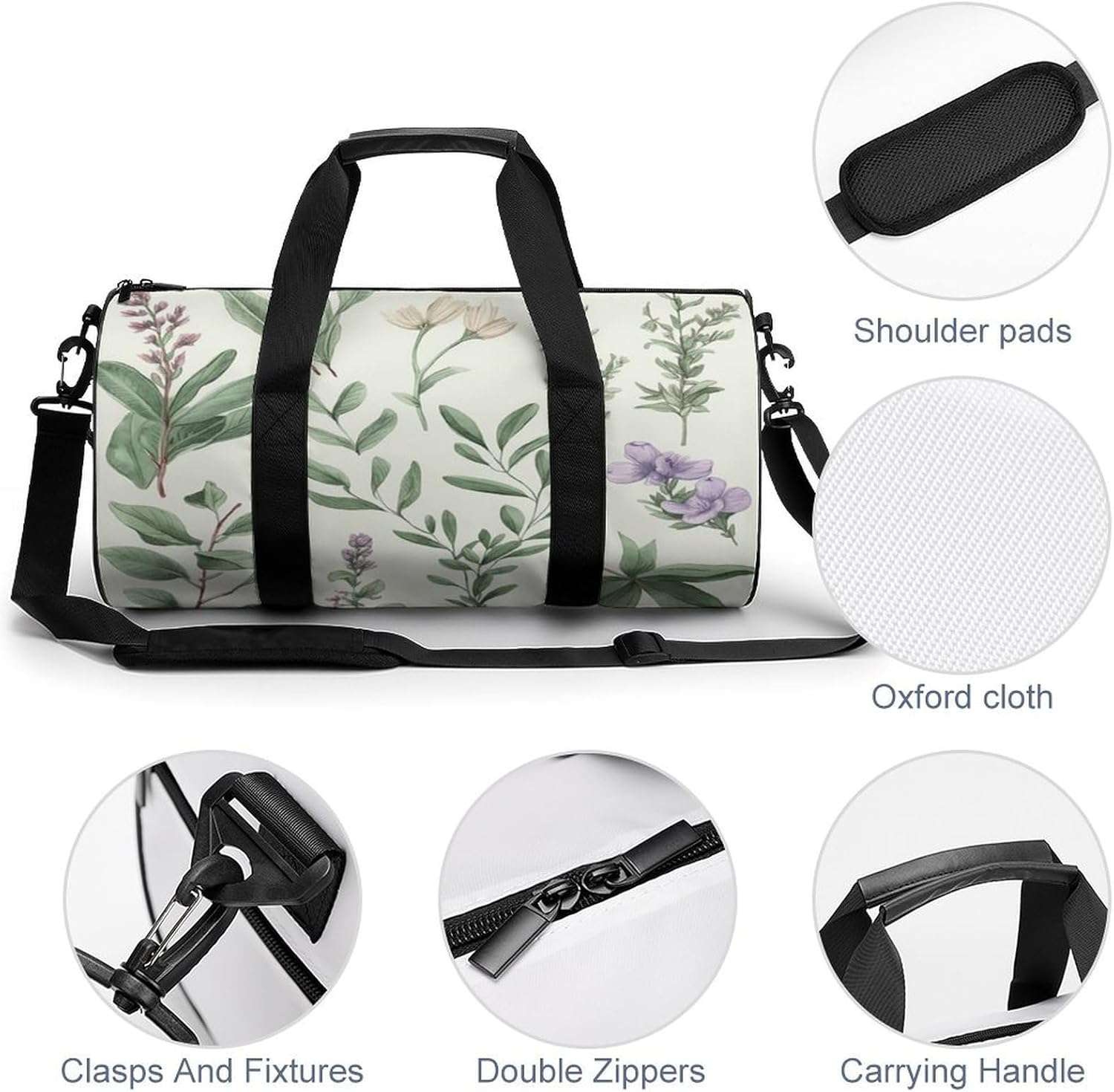 Aesthetic Sports Bag for Women Green Leaves And Branches Printed Duffle Travel Bag for Men Women Mini Workout Bags Cylindrical Gym Bag
