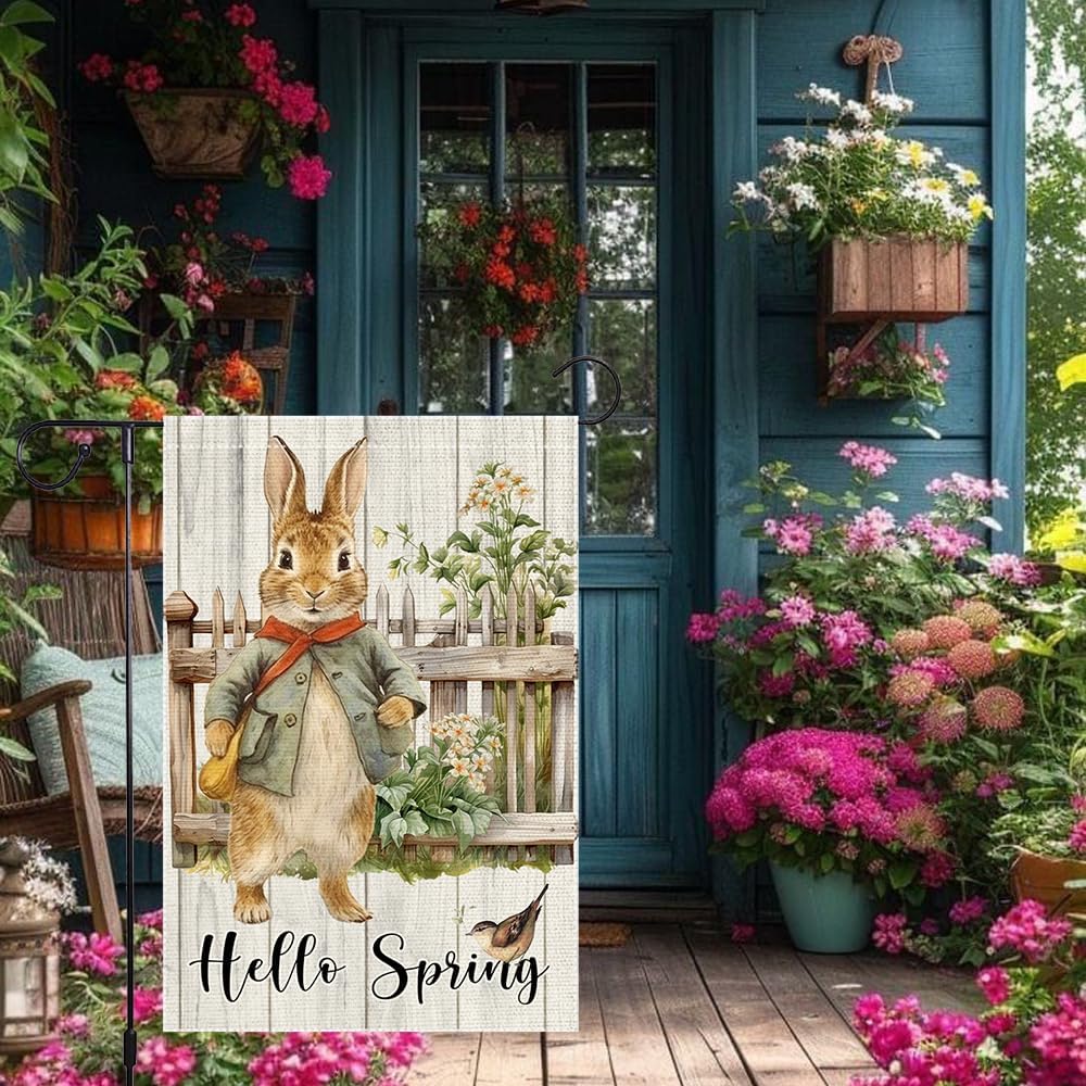 Hello Spring Garden Flag 12x18 inch Burlap Double Sided Rabbit Colorful Floral Cardinal Small Garden Flags easter Decorations For Outside Yard Home Outdoor Patio Lawn Decor - Image 5