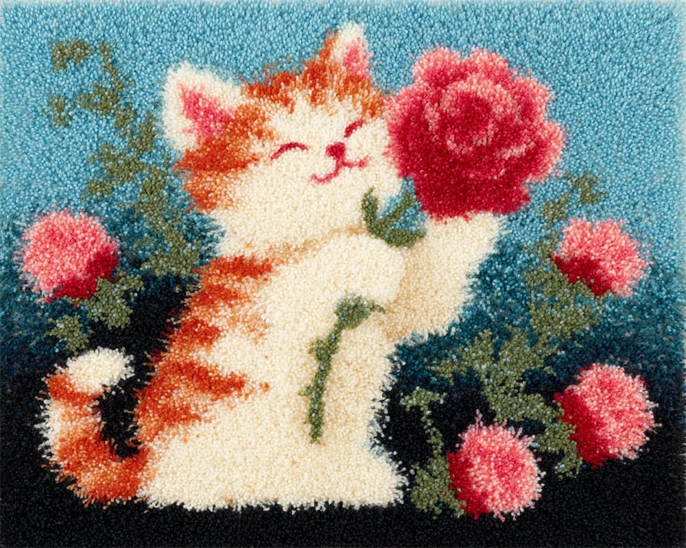 Kitquiver Rug Kits for Adults Latch Hook Pre Printed Cat Holding A Rose DIY Crochet Yarn Embroidery Handmade Needlework with Printed Canvas for Home Decoration 23X35In