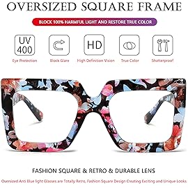 AIEYEZO Oversized Square Blue Light Glasses for Women Cute Big Frame Glasses Fashion Clear Multi-Color Computer Eyewear (Flower)
