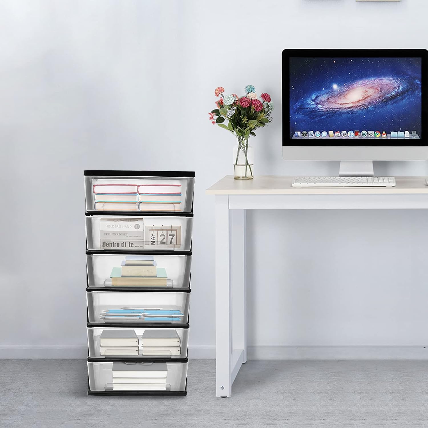 6-Tier Rolling Storage Cart with Clear Drawers - 50x33x109cm Space-Saving Organizer for Office, Dorm & Home (White)