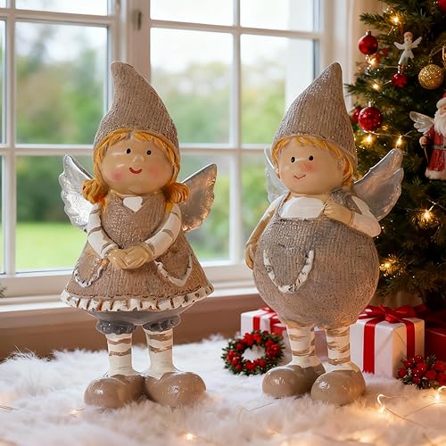 Miniatura 6 de Figuras de resina de ángel de Navidad de 2 piezas para niño y niña, decoración navideña para interiores y exteriores, adornos festivos de mesa y