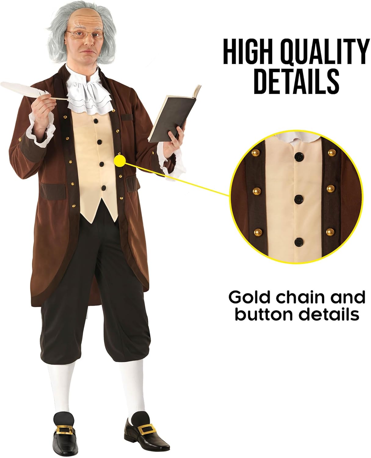 Morph Benjamin Franklin Costume With Wig, Founding Fathers Costume Adult, Ben Franklin Costumes, Adult Colonial Costume - Image 4