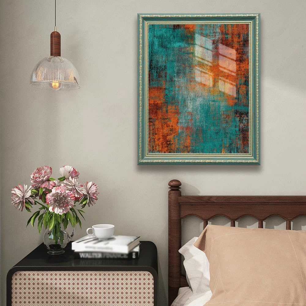 Green Frame Abstract Canvas Wall Art Print, Teal Blue and Rust Orange Textured Painting Poster, Modern Color Block Artwork for Living Room Bedroom Office Decor 11x14 inch