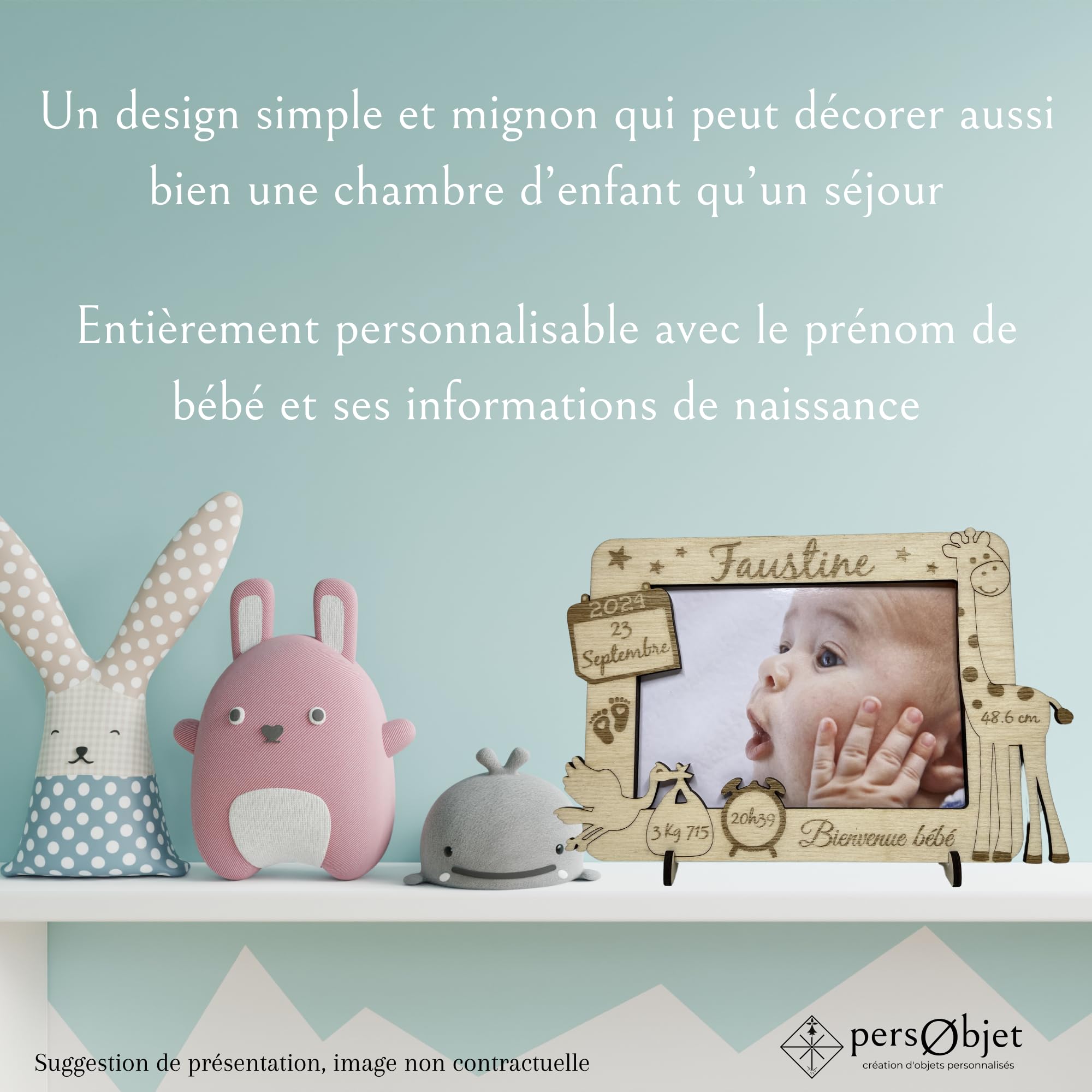 Cadre Photo Personnalisé Annonce Naissance – Panneau Statistiques Bébé – Acrylique Et Bois, 24x23 Cm – Cadeau Nouveau-né