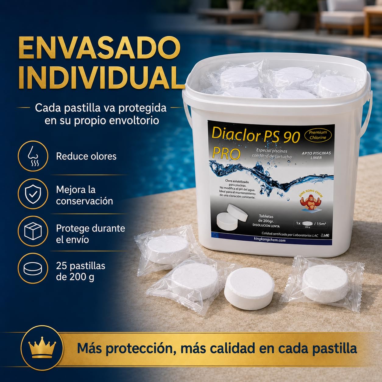 Pastillas de tricloro Puro para Piscinas de Liner/Poliester - DIACLOR PS 90 Pro 5 KG - Envasado Individual - 25 Pastillas Grandes de Cloro Lento (200 gr- 7,5 cm Diámetro)