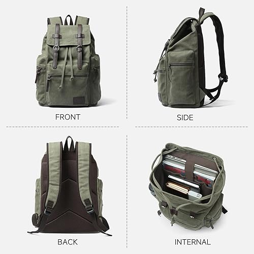 Miniatura 2 de Vintage Canvas Backpack for Men Olive Green Rucksack Fit 15.6 inch Laptop Retro Flap Daypack for Casual Hiking Travel Commute