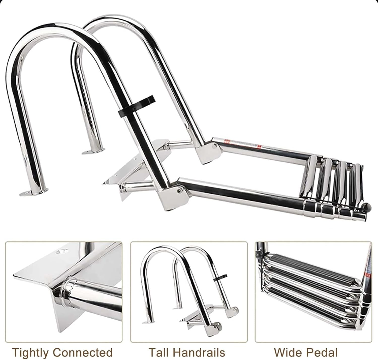 Swimming Pool Safety Handrail Kit 4 Steps Boat Ladder Folding Telescoping, Rear Entry Inboard Ladders with Wide Rung, Stainless Swim Dock Pontoon Pool Ladder for Upper Platform