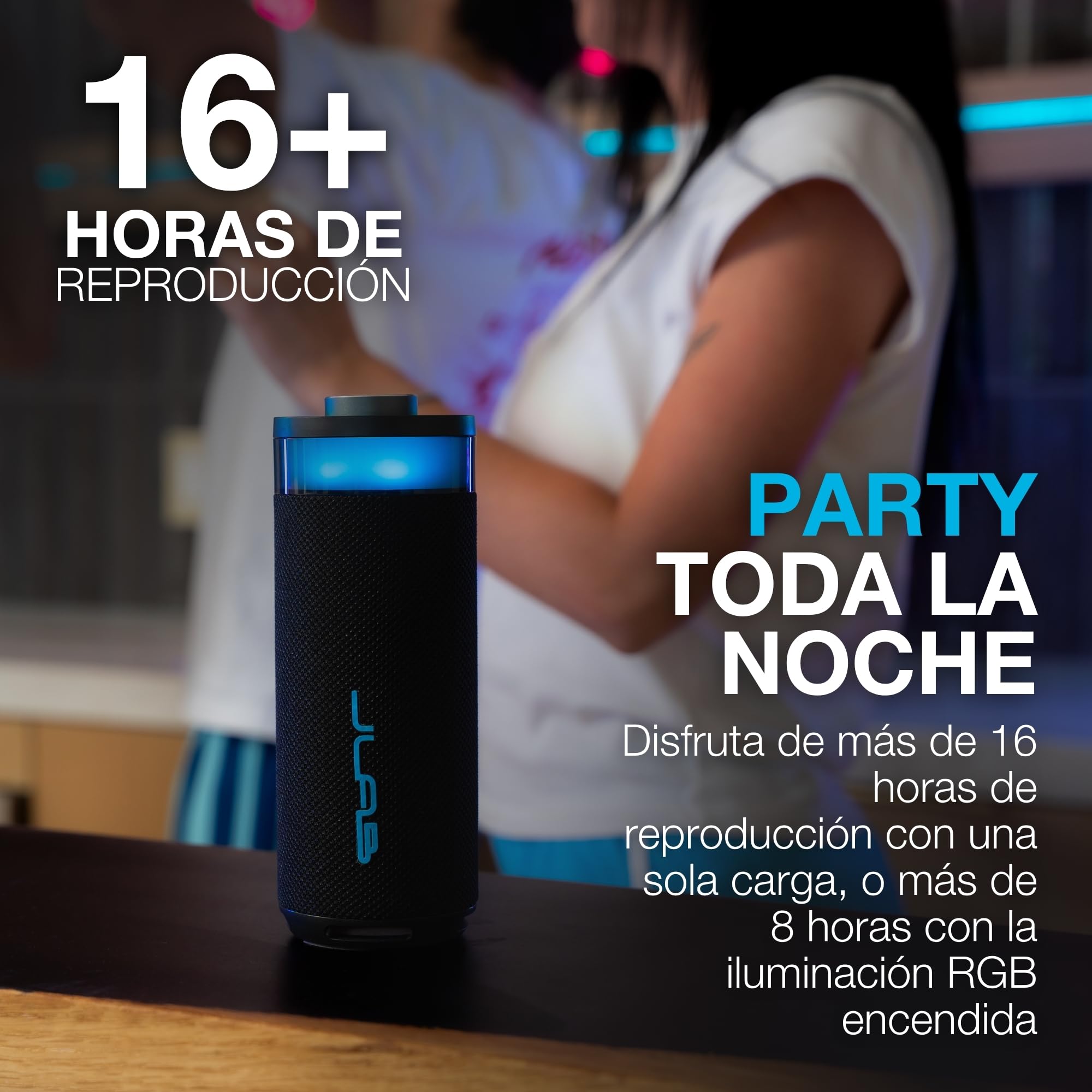 JLab Go Party Altavoz Bluetooth Portátil con 16H+ de Autonomía - Altavoz Inalámbrico 10W para Exterior y Viajes con Luces RGB y Sonido Lab Quality, Resistente al Agua IP56, Negro