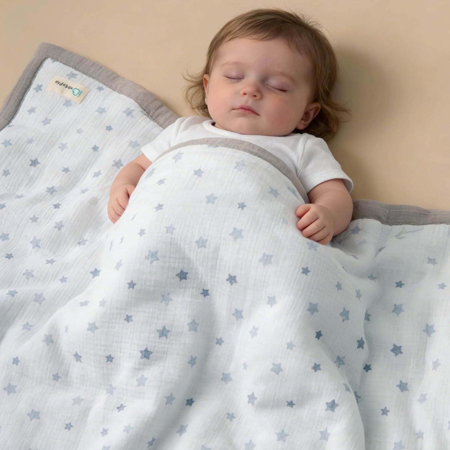Reversible Muslin Baby Quilt – Lightweight Double Layer 100% Cotton Blanket with Soft Fill & Wide-Edge Border, Breathable Nursery Quilt for Crib & Stroller, 47 x 47 Inches (Gray Stars)