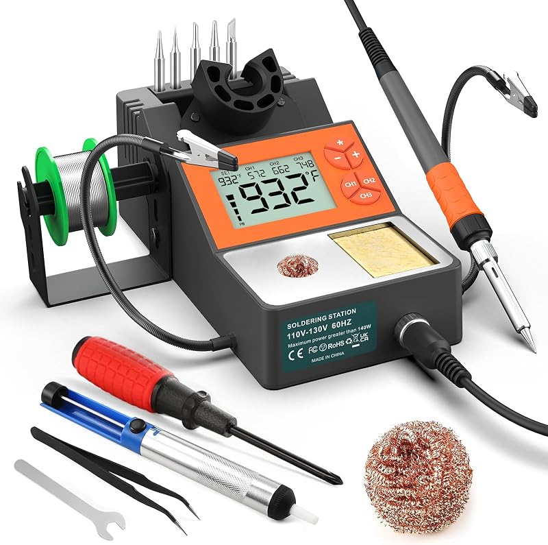 Estación de soldadura, kit de estación de soldador de pantalla digital de 140 W con 2 manos auxiliares, 356 °F-932 °F, suspensión automática, conversión °C/°F, alambre de soldadura, 5 puntas, aspirador de soldadura, pinzas, limpiador de puntas, gris