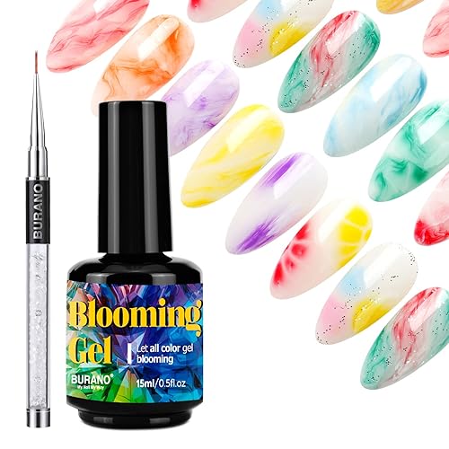 BURANO Nail Blooming Gel - Esmalte de uñas de gel transparente UV LED para efecto de propagación, 0.5 onzas líquidas con cepillo de uñas