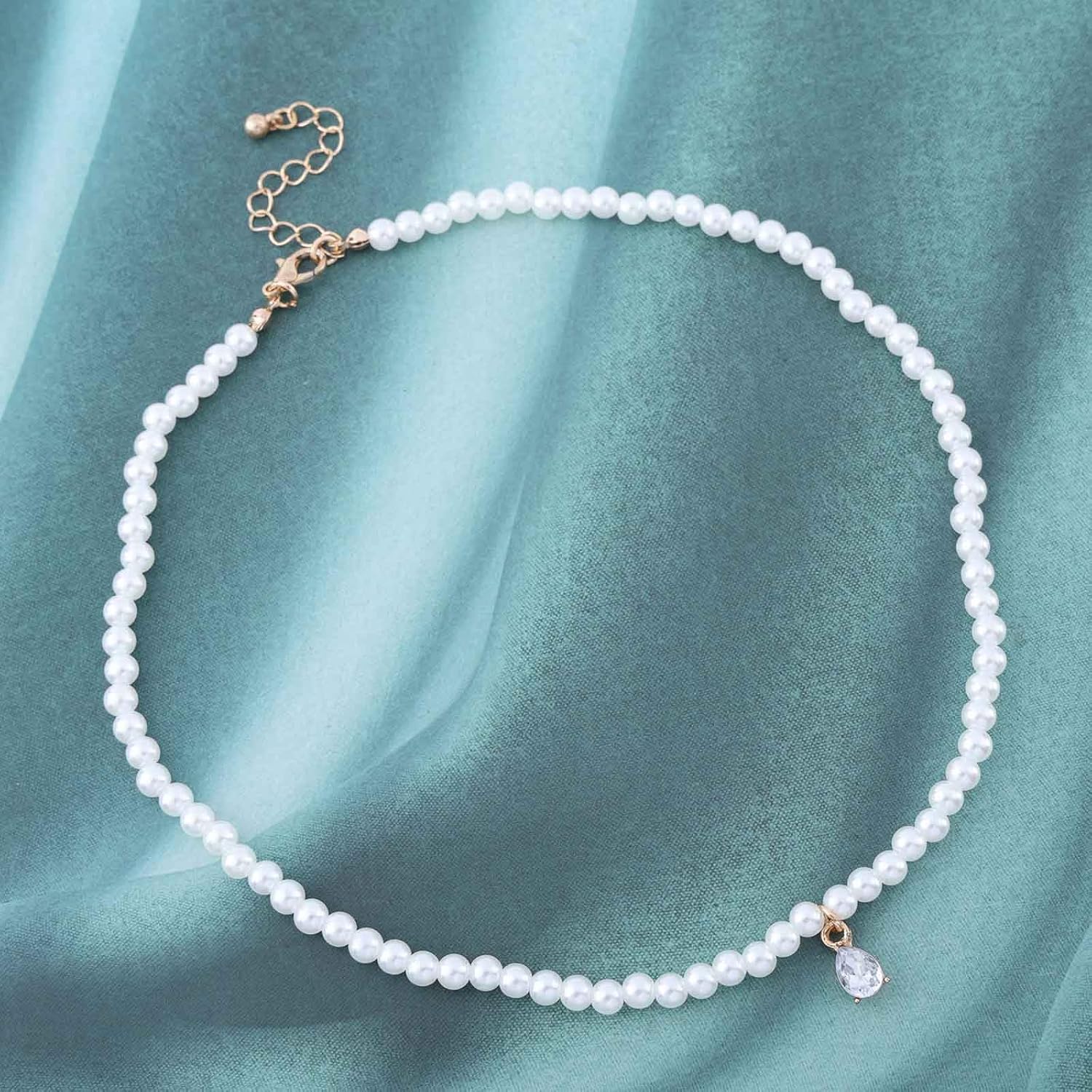 Bohemian Teardrop Crystal Emerald Choker Necklace Small Pearl Cz Pendant Necklace Round Pearl Collar Necklace Water Drop Emerald Pearl Necklace Jewelry for WomenGifts - Image 5