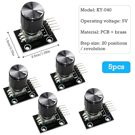 KY-040 Rotary Encoder Module 360 Degree 5 PCS with Knob Cap Brick Sensor Development Board for Arduino including E-Book | Rotary angle sensor with push button for automotive electronics multimedia audio