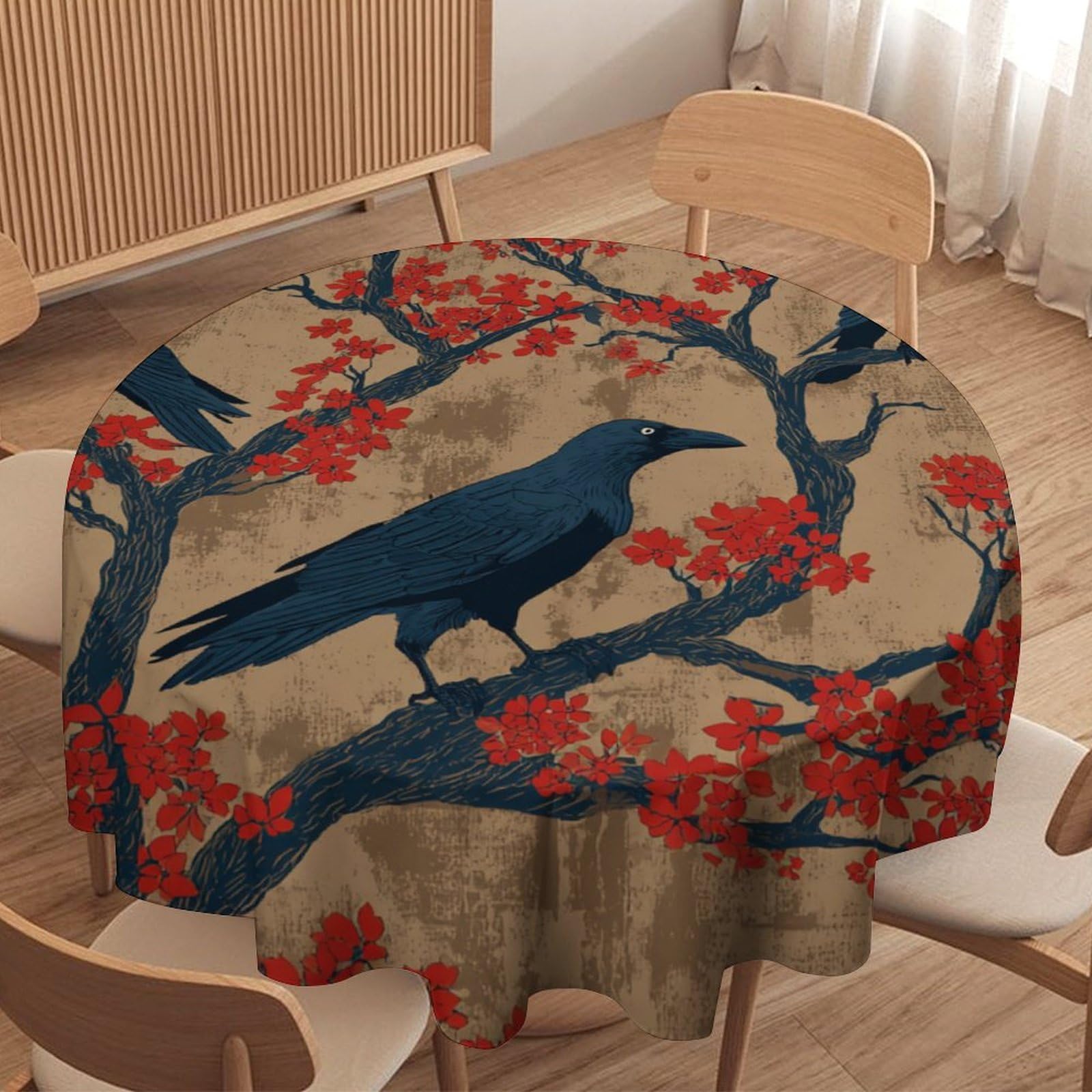 LUYYSKY Vintage Abstract Animals Raven Waterproof Round Tablecloth Rustic Classic Aesthetic Trees Black Crows Print Washable Table Cover for Kitchen-60 Wx60 L