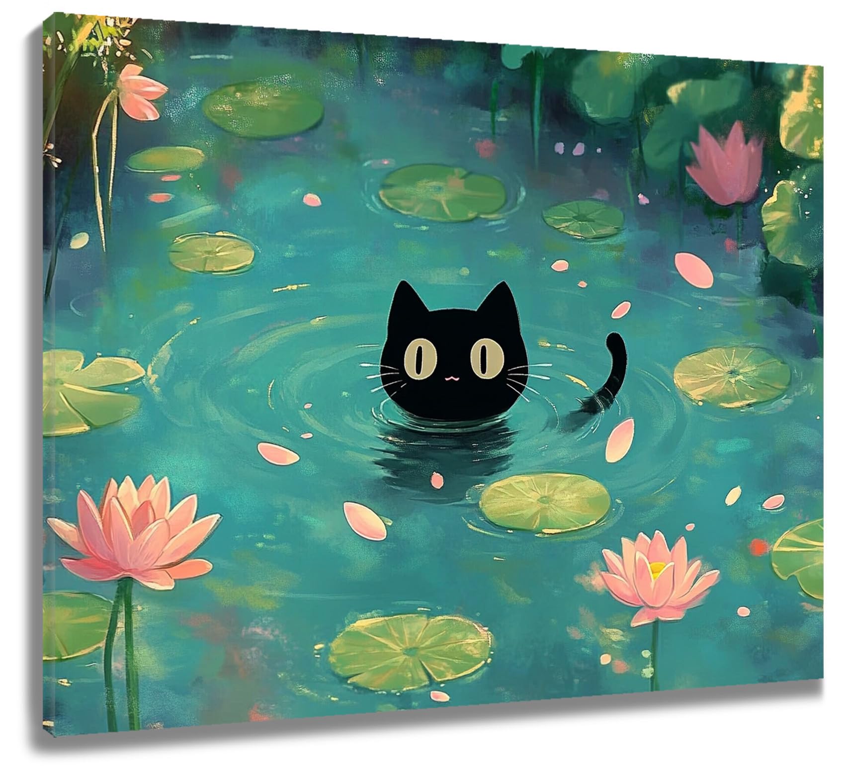 LB Funny Wall Art- Black Cat in Green Pond Canvas Wall Art Pink Flower Picture for Kitchen Bathroom Bedroom Living Room Decor,20Wx16H inch Wooden Framed — image 1