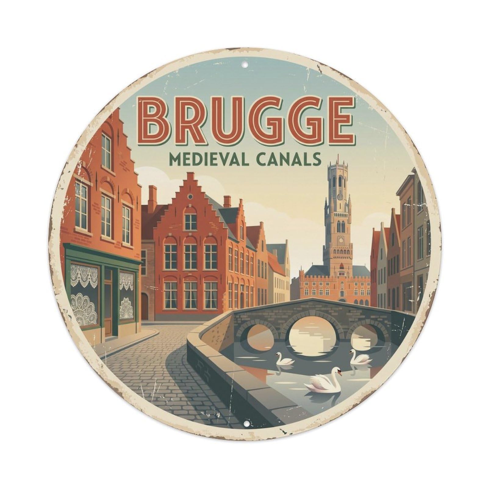 Vintage Travel Bruges Canal Belgium Metal Tin Sign Plaque Wall Decor for Cafe, Club, Garden Round Metal Poster 8x8Inch