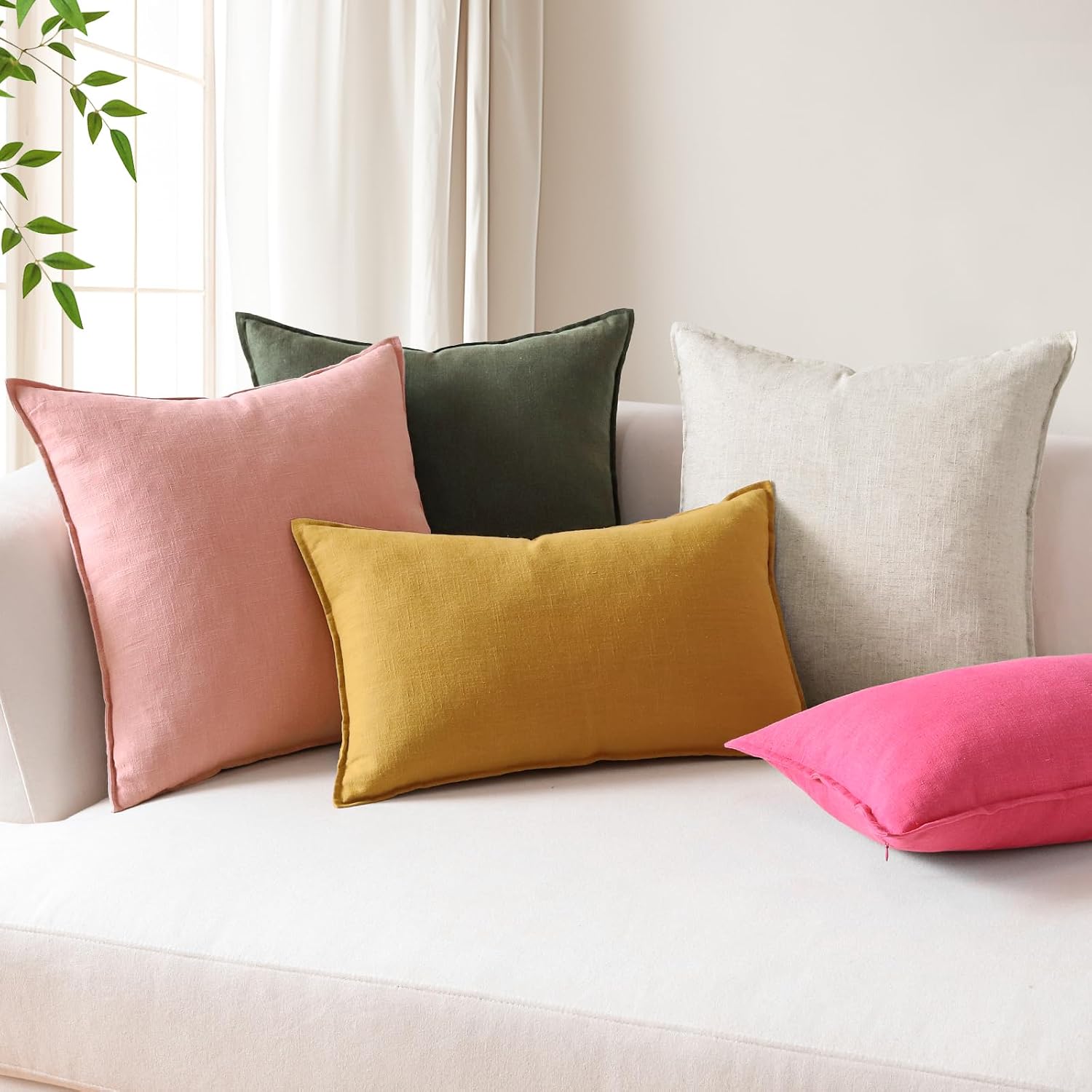 OTOSTAR Pack of 2 Soft Linen Decorative Throw Pillow Covers 18 x 18 Inch Solid Farmhouse Pillowcases Boho Accent Pillow Covers for Sofa Couch Chair Bedroom Home Decor Cushion Covers, Olive Green