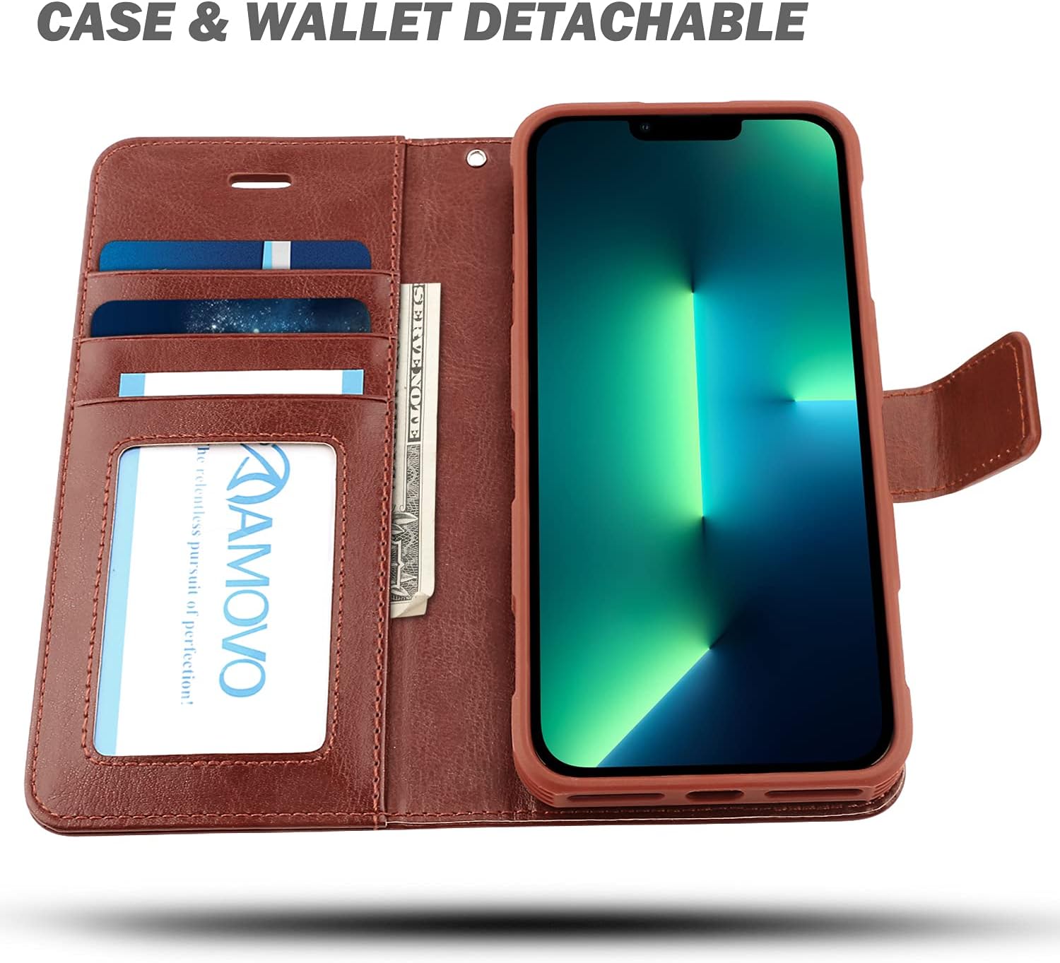 AMOVO Compatible with iPhone 13 Pro Max Case Wallet Leather Magnetic Flip Case with Card Holder [2 in 1] Detachable Case [Wireless Charging][Kickstand][Wrist Strap] (for iPhone 13 Pro Max, Brown)