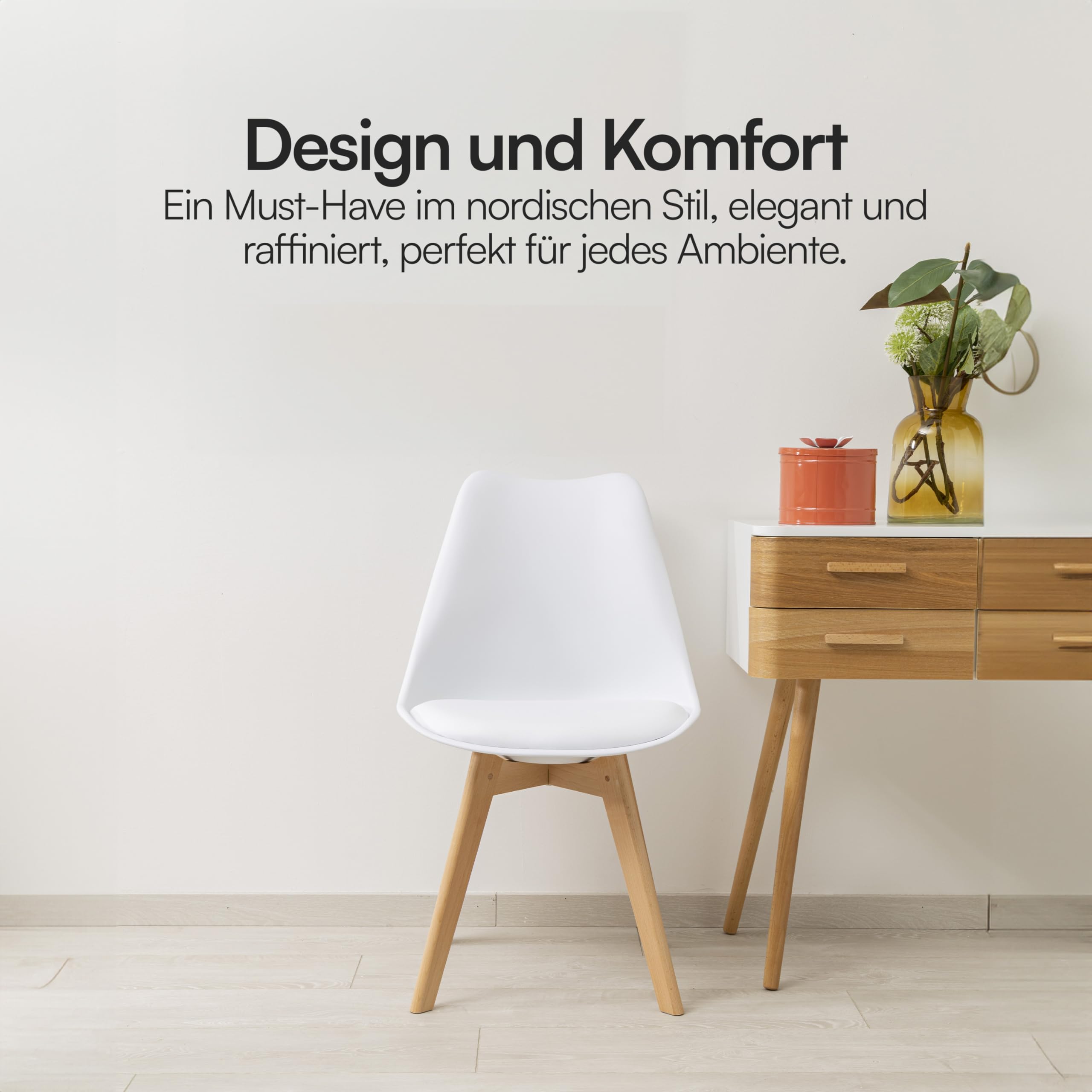 Baroni Home ESS- oder Bürostuhl mit Holzbeinen aus Buche, Ergonomischer Kunststoffstuhl mit integrierten Kissen, 50X48X82 cm (Weiß, 4)