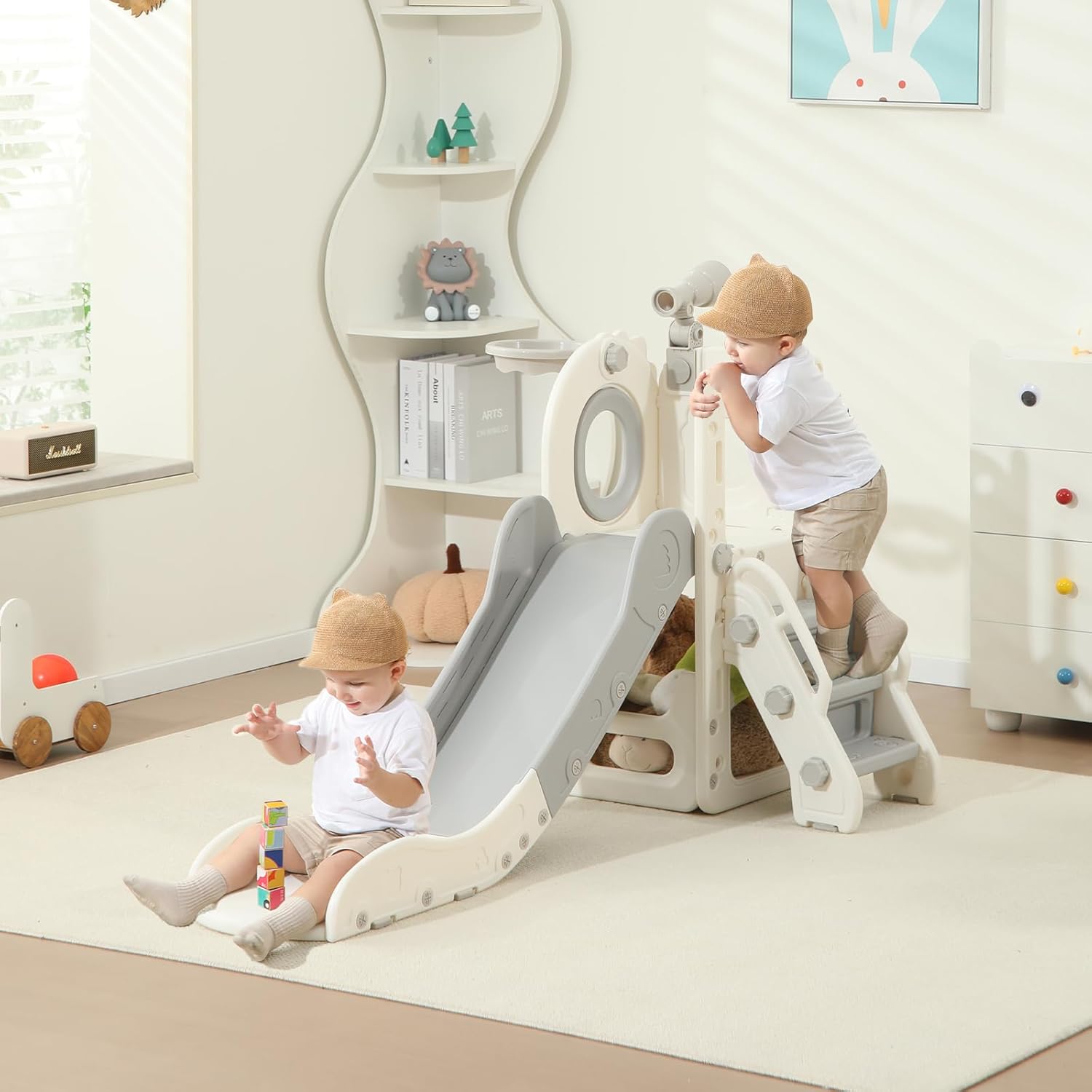 Freestanding Toddler Slide, 6 in 1 Kids Indoor Slide for Toddlers 1-3，L Shaped Slide with Basketball Hoop