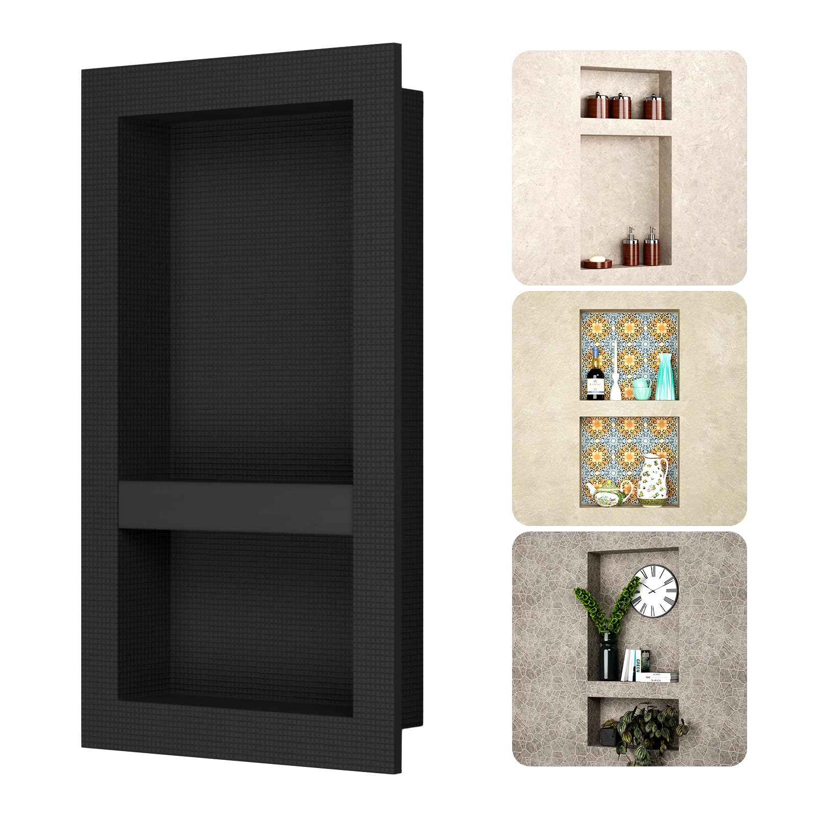 BWE Shower Niche Insert Tile Ready 16" X 28" Rectangle for Shower Wall Prefabricated Waterproof Double Shelves Recessed Niche for Shower Bathroom Storage, Black