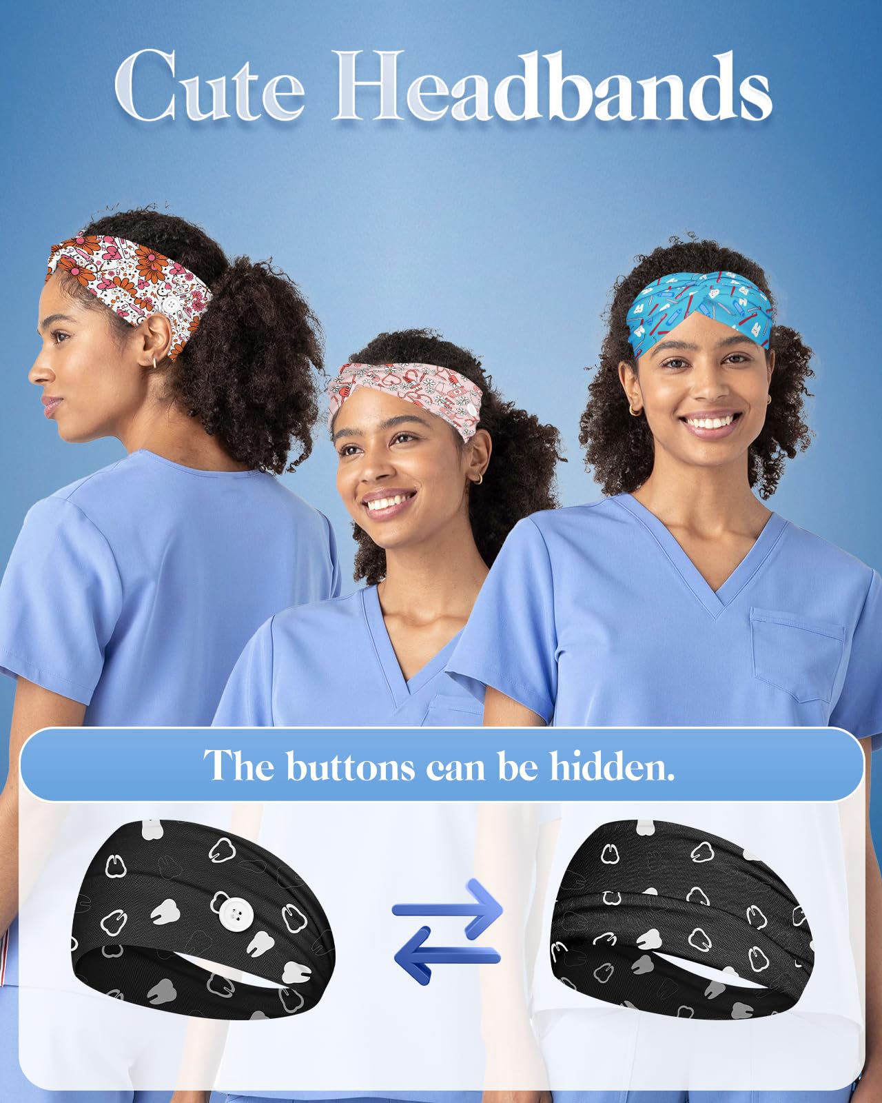 Plifal 4 x Krankenschwester-Stirnbänder für Frauen mit Knöpfen, rutschfest, niedlich, für Zahnärzte, Krankenpflege, schweißableitend, elastisch, breit, Turban, weiche Haarbänder, Zubehör für