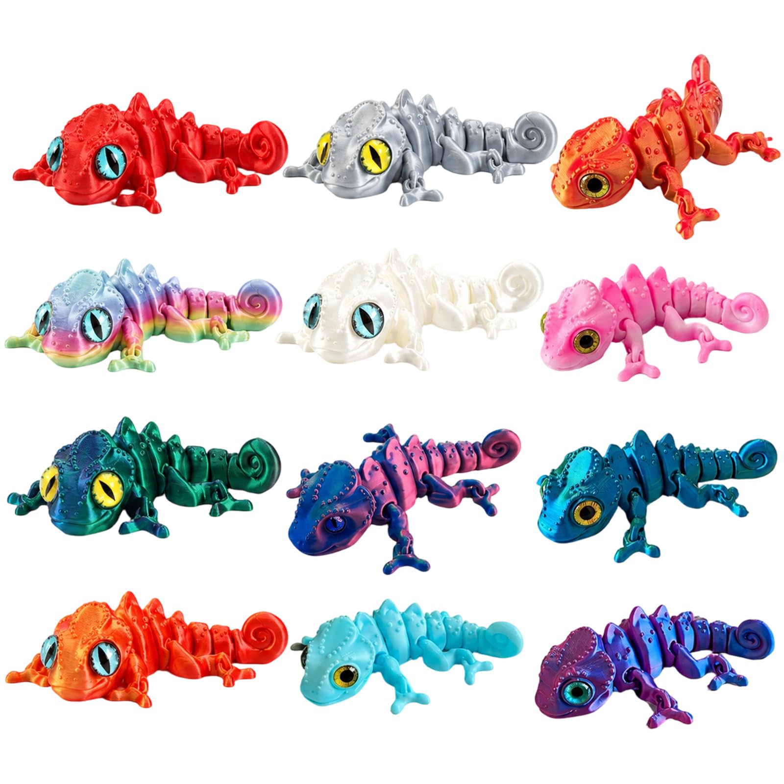 12Pcs 3D Printed Animals, 3D Printed Lizard Chameleon Collection, 12 Piece Colour Changing Lizard Figures, Vibrant Rainbow and Metallic Finishes, Detailed Animal Figures for Display and Decoration